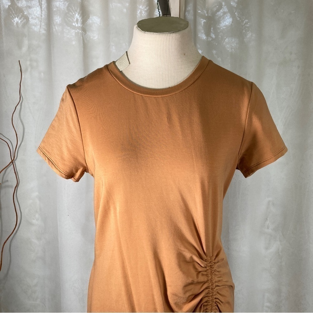 NWT Garnet Hill tencel mustard yellow ruched front midi dress - Picture 3 of 9